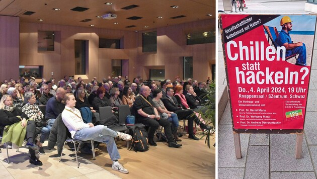 Der Knappensaal im SZentrum in Schwaz war angesichts des polarisierenden Themas fast bis auf den letzten Platz gefüllt. Plakate wiesen im Vorfeld auf den Abend hin. (Bild: Manuel Schwaiger)