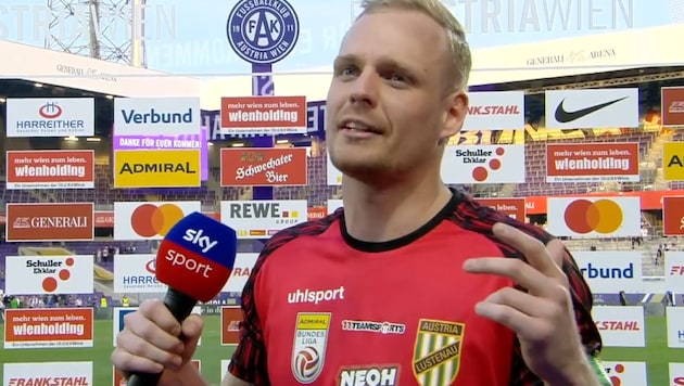 Lustenaus Domenik Schierl tobte nach dem 1:1 gegen die Wiener Austria am Sky-Mikrofon. (Bild: Sky Screenshot)