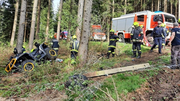 Schenkenfelden yakınlarındaki bir ormanda meydana gelen kazada ATV birkaç ağaca çarpmıştır (Bild: FF Schenkenfelden)