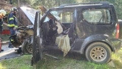 Ein Baumstamm bohrte sich durch die Windschutzscheibe des Suzuki – doch der Lenker starb aus einem anderen Grund. (Bild: FF Lasberg)