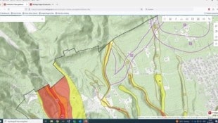 Der Gefahrenzonenplan des Landes Tirol zeigt deutlich die Lawinenstriche auf der Nordkette. (Bild: Tiris)