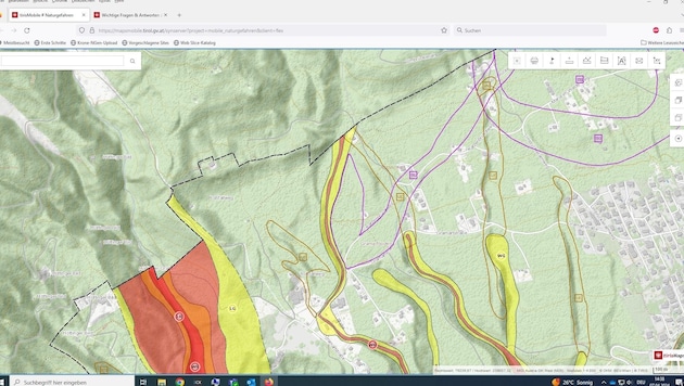 The hazard zone plan of the province of Tyrol clearly shows the avalanche zones on the Nordkette. (Bild: Tiris)