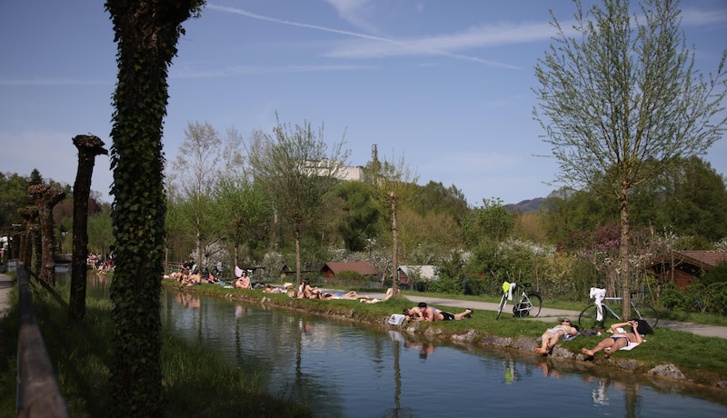 Ein Bild mit Seltenheitswert für Anfang April: Badespaß am Almkanal in der Stadt. (Bild: Tröster Andreas)