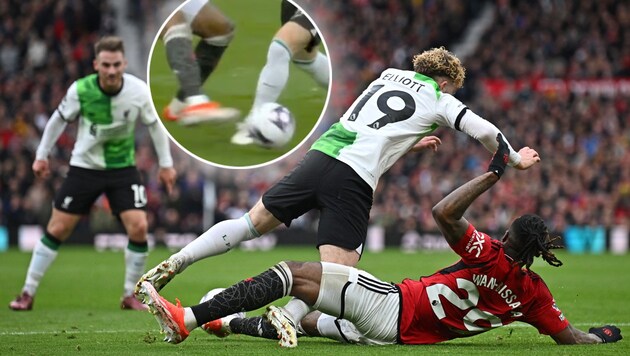 Was the foul on Liverpool's Harvey Elliott really worthy of a penalty? (Bild: APA/AFP/Paul ELLIS, twitter.com/DieHardUtdFans)