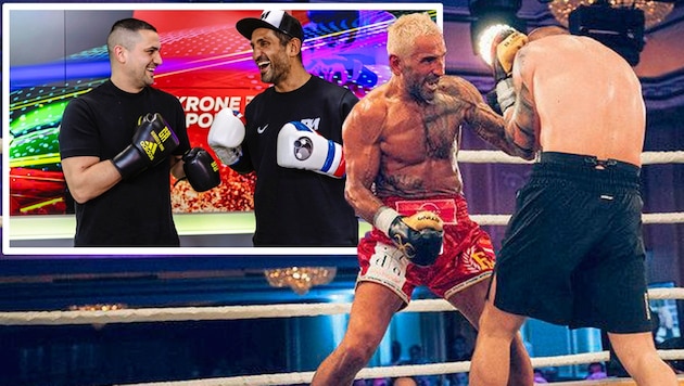 Fadi Merza schickte gewann seinen Comeback-Kampf bei der Bounce Fight Night (re.). Im krone.tv-Studio poste er knapp vor dem Kampf noch mit Kumpel Marcos Nader fürs Foto – ob si einander bald real im Ring gegenüberstehen? (Bild: Christopher Blank, Mario Urbantschitsch)