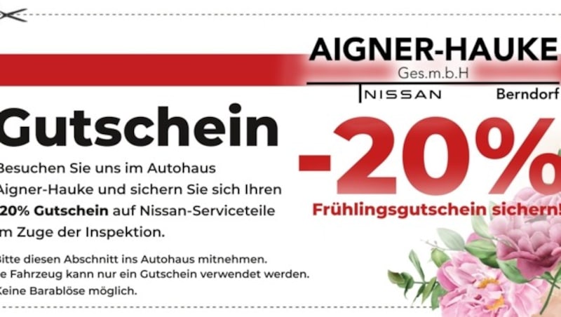 Der Gutschein ist direkt im Autohaus Aigner Hauke erhältlich oder auf der Homepage zum Runterladen erhältlich. (Bild: Autohaus Aigner)