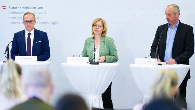 Gerhard Christiner, az APG igazgatótanácsának tagja, Leonore Gewessler energiaügyi miniszter (GREENS) és Bernhard Painz, az AGGM igazgatótanácsának tagja. (Bild: APA/EVA MANHART)