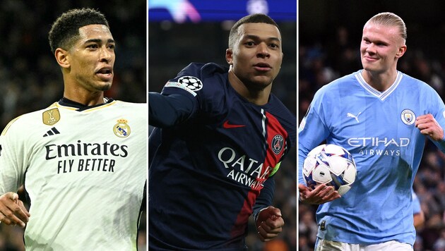 Jude Bellingham, Kylian Mbappe and Erling Haaland (from left to right) are challenged in the Champions League. (Bild: APA/AFP/Oli SCARFF, APA/JAVIER SORIANO, APA/FRANCK FIFE)