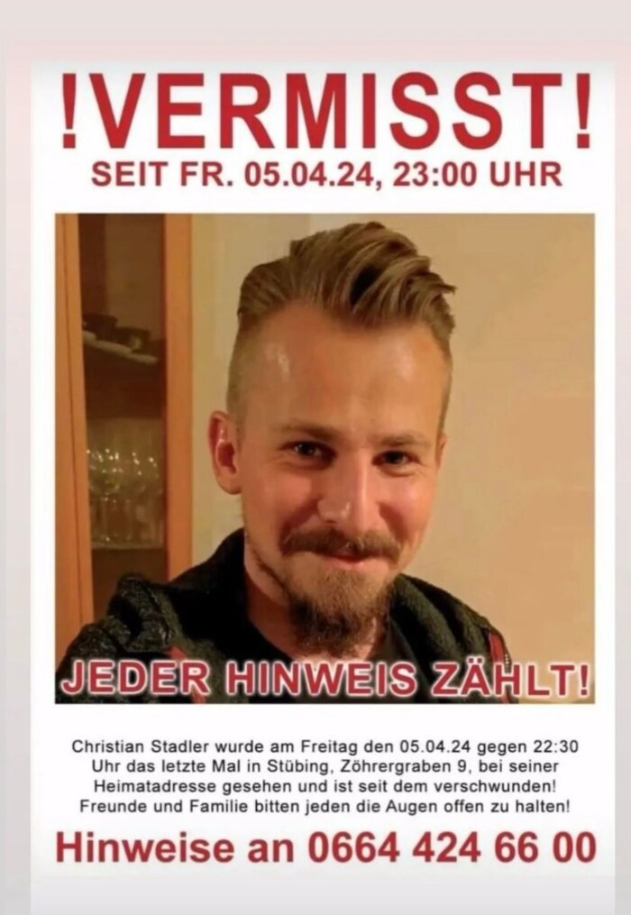 Die Vermisstenanzeige von Christian Stadler.