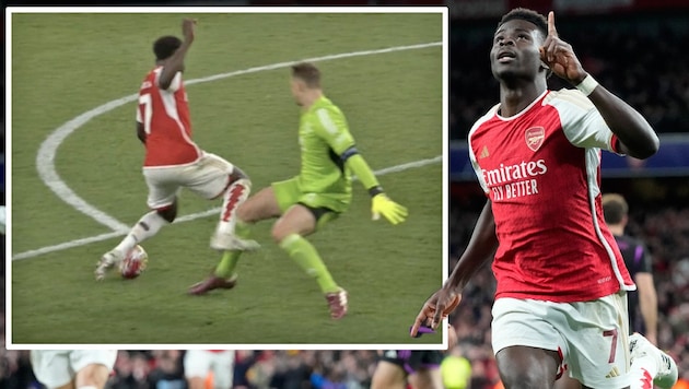 Manuel Neuer stoppte Bukayo Saka. Aber auch mit fairen Mitteln? (Bild: AP, Twitter.com/P™)