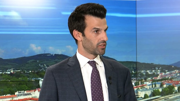 Aşağı Avusturya Vali Yardımcısı ve FPÖ lideri Udo Landbauer krone.tv röportajında (Bild: krone.tv)