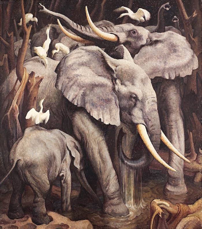 Norbertine Bresslern-Roth, Cattle Egret on Elephants, 1934, oil on jute