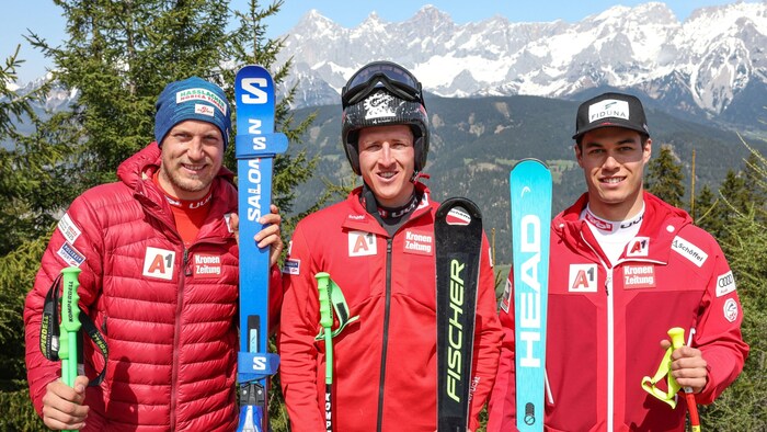 Das Super-G-Podest der Staatsmeisterschaften: Otmar Striedinger, Raphael Haaser, Luas Feurstein ...