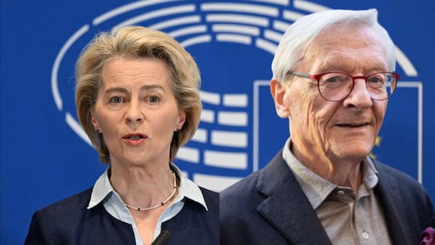 Balról: Ursula von der Leyen, az EU Bizottság elnöke és Wolfgang Schüssel volt szövetségi kancellár. (Bild: JOHN THYS / AFP, APA/GEORG HOCHMUTH)