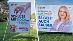 Den Freiheitlichen schmeckt die Politik von ÖVP-Ortschef Koza nicht: Auf Plakaten greifen sie den Bürgermeister direkt an. (Bild: FPÖ Vösendorf, Krone KREATIV)