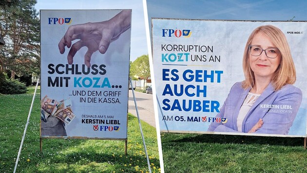 Den Freiheitlichen schmeckt die Politik von ÖVP-Ortschef Koza nicht: Auf Plakaten greifen sie den Bürgermeister direkt an. (Bild: FPÖ Vösendorf, Krone KREATIV)