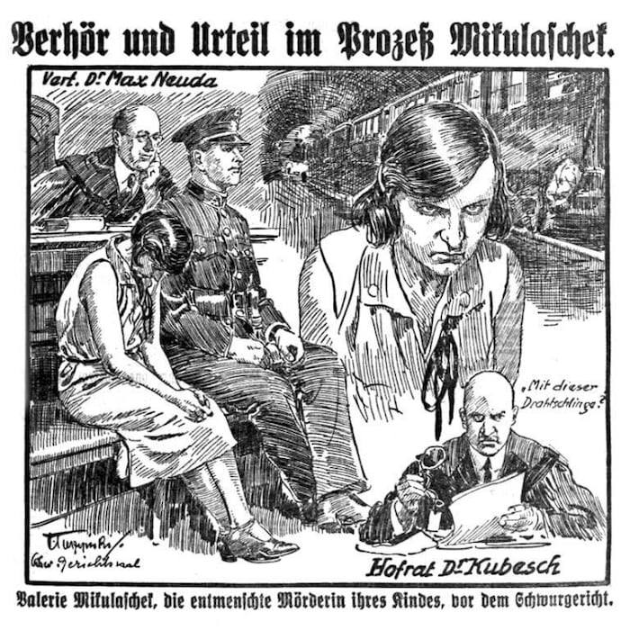 Gerichtszeichnung auf der Titelseite „Illustrierte Kronen Zeitung“ im Jahr 1931. Eine Mutter hatte ihre grässliche Tat im Gericht gestanden.