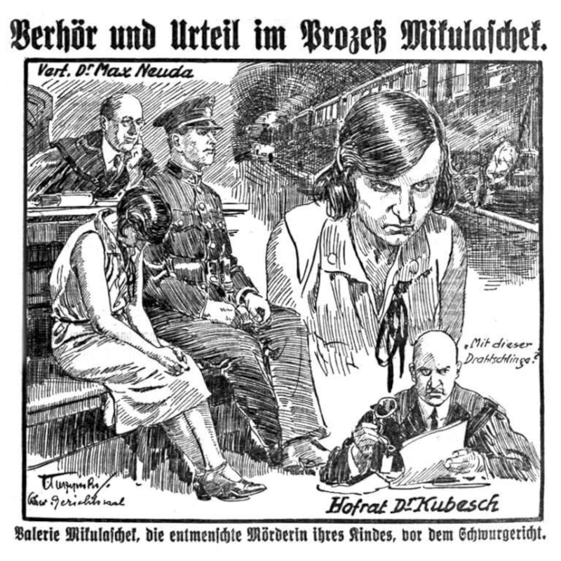 Gerichtszeichnung auf der Titelseite „Illustrierte Kronen Zeitung“ im Jahr 1931. Eine Mutter hatte ihre grässliche Tat im Gericht gestanden. (Bild: Krone Kalian)