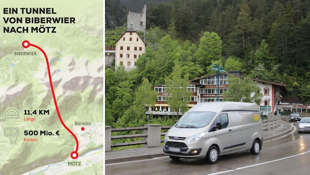 The variant is not only supposed to be cheaper than the Fernpass-Scheitel (160 million euros) and Tschirgant tunnels (350 million euros), but also have other advantages. (Bild: Krone Kreativ, Christof Birbaumer, Krone KREATIV)