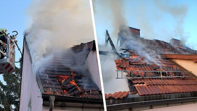 Wiener Neustadt'ta bir çatı makası tamamen alevler içinde kalmıştır. (Bild: FF Wiener Neustadt, Krone KREATIV)