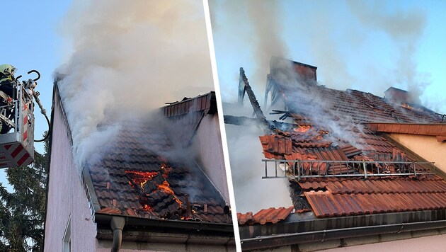 Egy tetőgerenda teljesen lángba borult Wiener Neustadtban. (Bild: FF Wiener Neustadt, Krone KREATIV)