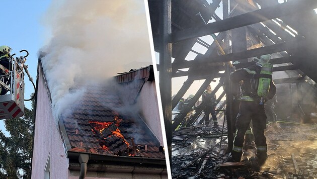 A roof truss was completely engulfed in flames in Wiener Neustadt. (Bild: FF Wiener Neustadt, Krone KREATIV)