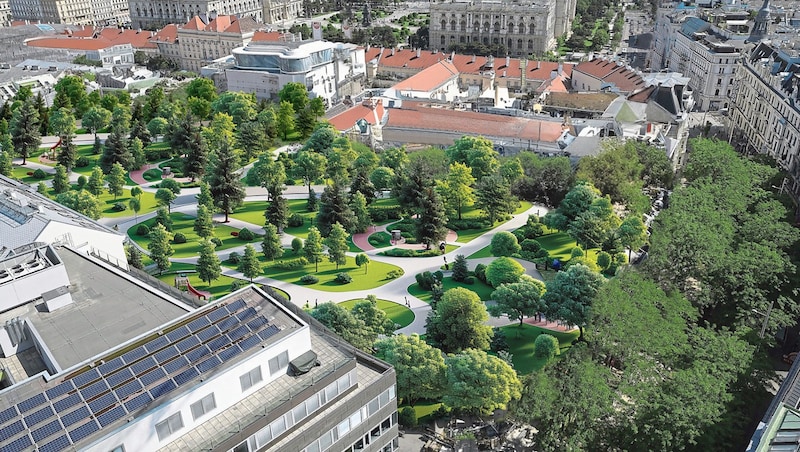 Park statt Betonklotz: Animation einer Grünoase an der Baustelle in Wien-Neubau (Bild: Krone KREATIV, APA Picturedesk, stockadobe)