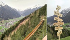 Blick von der – offiziell noch gesperrten – Aussichtsplattform auf die Hängebrücke, Neustift und ...