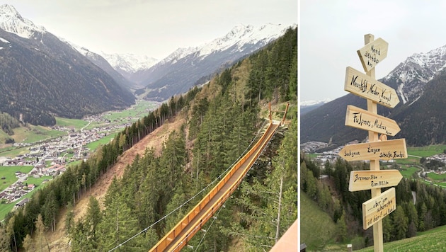 Blick von der – offiziell noch gesperrten – Aussichtsplattform auf die Hängebrücke, Neustift und die Stubaier Eisriesen (links). Bei den Pfurtschellhöfen könnte man zum Mond abzweigen – nix wie los! (Bild: Christof Birbaumer)