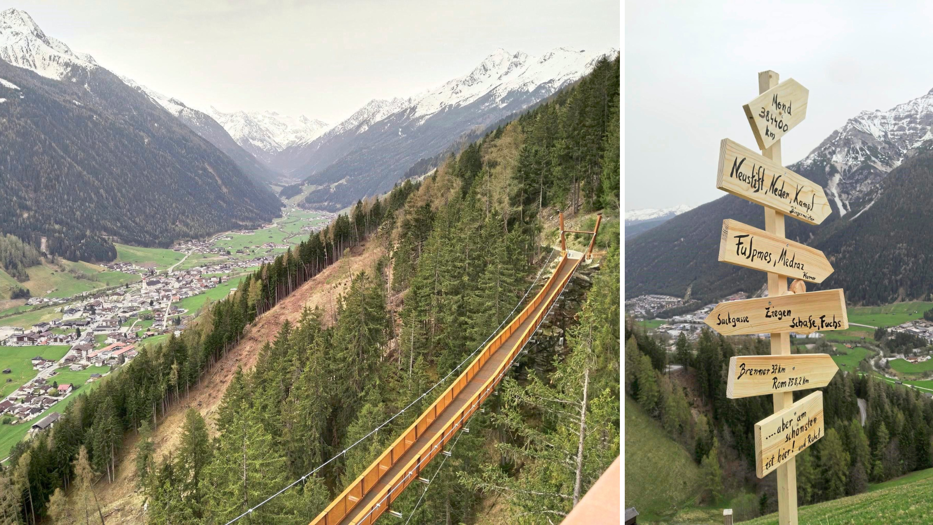 View from the - officially still closed - viewing platform of the suspension bridge, Neustift and the Stubai ice giants (left). At the Pfurtschellhöfen you could branch off to the moon - let's go! (Bild: Christof Birbaumer)