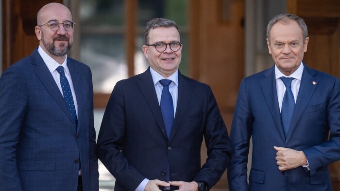 From the left: EU Council President Charles Michel, Finland's Prime Minister Petteri Orpo and ...