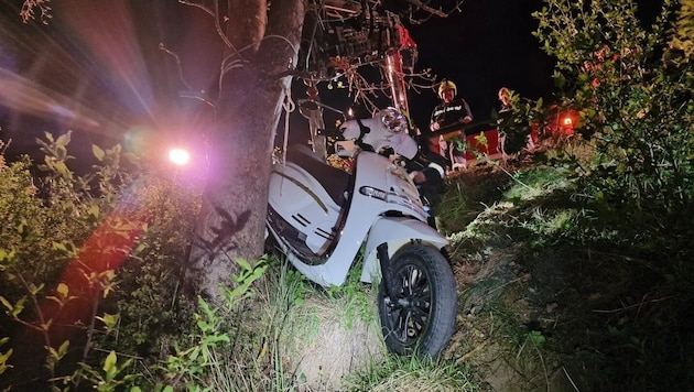 Das Moped hatte ein Geländer durchbrochen und war gegen einen Baum gekracht. Der Lenker wurde weiter in die Tiefe geschleudert. (Bild: FF Zwettl Stadt)