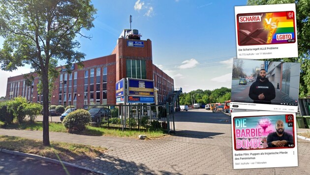 Die Veranstaltungshalle in Hamburg-Allermöhe, in der sich Anhänger von „Muslim Interaktiv“ unter Ausschluss der Öffentlichkeit trafen. Im Internet werden junge Männer mobilisiert. (Bild: Google Earth, Screenshots Youtube, Krone kreativ)