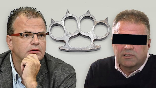 How well did ex-agent Ott (right) and Jenewein know each other? A knuckleduster (symbolic image) was also seized from the ex-FPÖ politician. (Bild: Krone KREATIV, APA, Picturedesk)