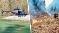 Am Samstag unterstützte auch die Polizei im Kampf gegen die Flammen. (Bild: Feuerwehren Lassing&Göstling, LPD Steiermark, Krone KREATIV)