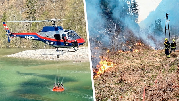 On Saturday, the police also provided support in the fight against the flames. (Bild: Feuerwehren Lassing&Göstling, LPD Steiermark, Krone KREATIV)