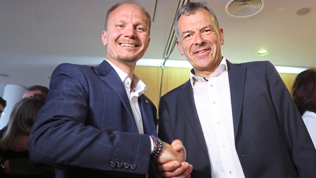Johannes Anzengruber volt ÖVP-s főpolgármester-helyettes (balra) a nap meglepetése: bejutott a második fordulóba a kormányzó városvezető Georg Willivel (Zöldek) szemben. (Bild: Christof Birbaumer)