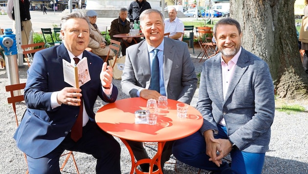 Wolfgang Binder (right) here at the opening of the pub garden season with Mayor Michael Ludwig (left) and Chamber President Walter Ruck. (Bild: klemens groh)