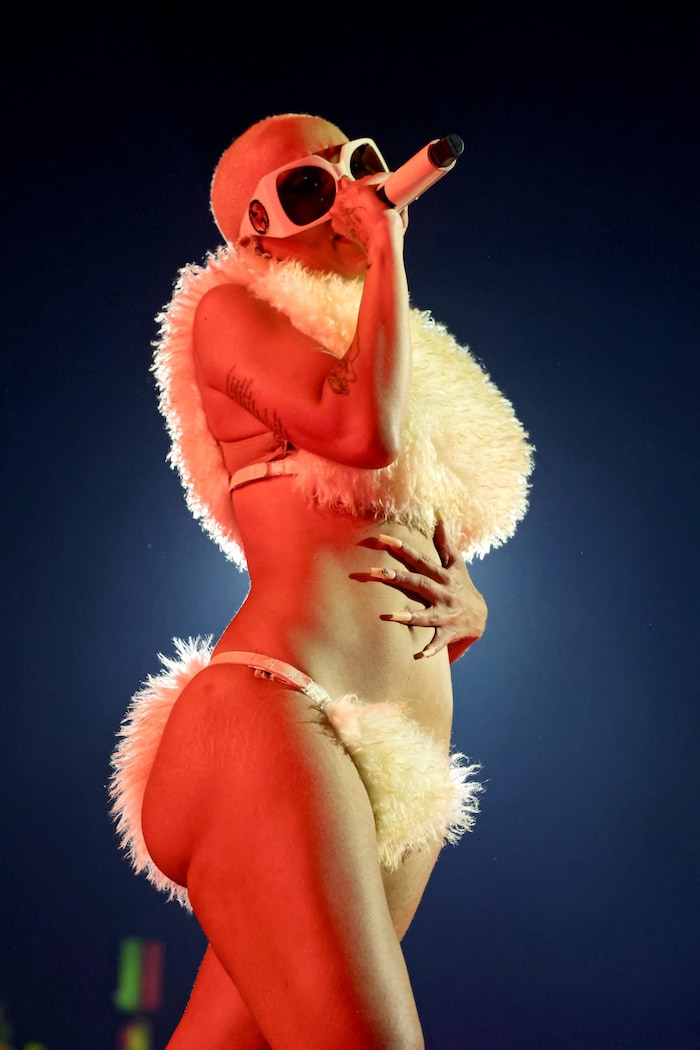 The singer appeared at the festival in a skimpy fur bikini.
