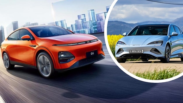 Chinese manufacturers are flooding the European car market. (Bild: Xpeng, BYD, Krone kreativ)