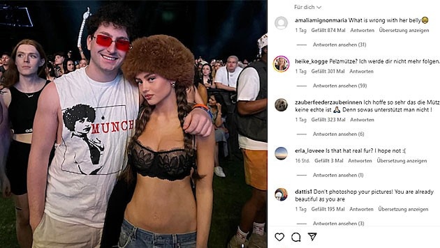 Model Leni Klum posed at the Coachella Festival with artist Jaden Miller in a bra and fur hat. (Bild: www.instagram.com/leniklum)