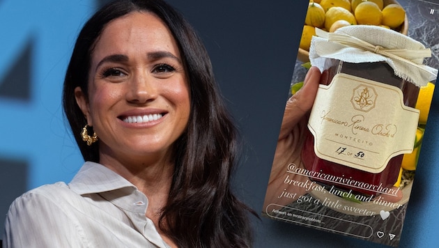 Duchess Meghan sent 50 jars of strawberry jam to influencers to promote her new lifestyle brand American Riviera Orchard. This caused a lot of mockery on Instagram. (Bild: APA/AFP/SUZANNE CORDEIRO, instagram.com/mrstracyrobbins)