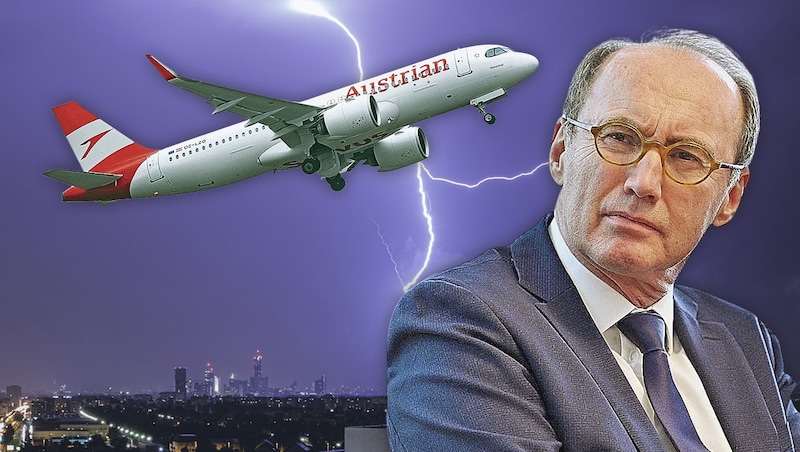 Bei dem AUA-Flug Richtung Brüssel war auch EU-Mandatar Karas an Bord. Er erlebte den Blitzschlag mit. (Bild: Fotomontage Fotos Thomas Görlitz Krone KREATIV,)