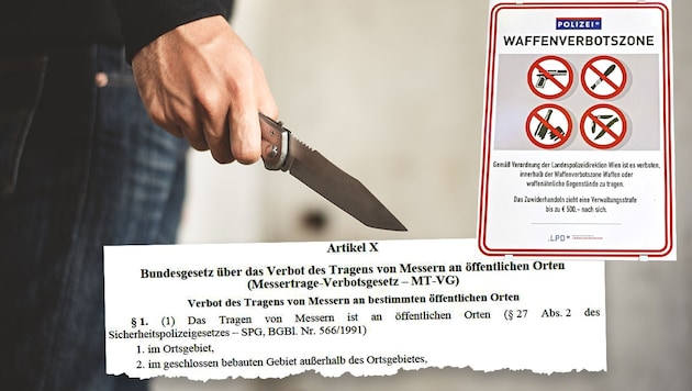 According to the 2023 crime statistics, seven people are attacked with a stabbing weapon in Austria every day. (Bild: stock.adobe.com, BMI, Picturedesk/Willfried Gredler-Oxenbauer, Krone KREATIV)
