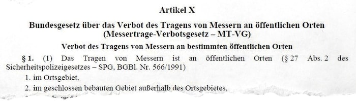 Die Regierung will künftig ein Messertrage-Verbotsgesetz (siehe Ausriss)