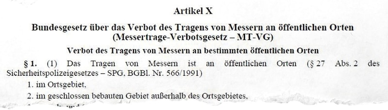 Die Regierung will künftig ein Messertrage-Verbotsgesetz (siehe Ausriss) (Bild: zVg)