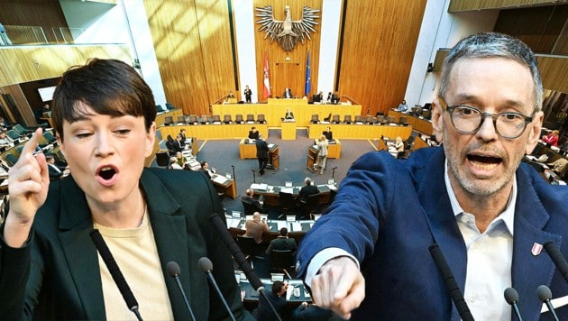 Hitzige Debatte im Nationalrat – die Parteien schossen sich auf die FPÖ ein, Kickl nutzte die Gelegenheit für einen Rundumschlag. (Bild: APA/Helmut Fohringer, Krone KREATIV)