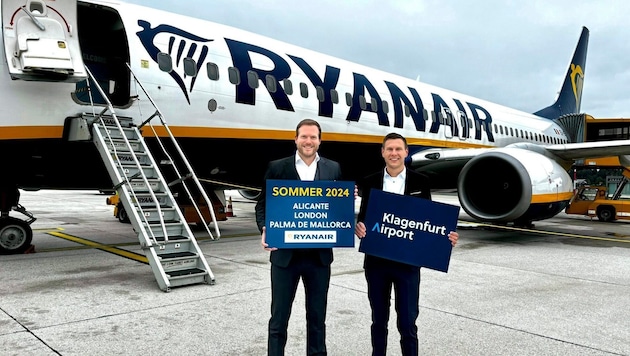 Ryanair-CEO Andreas Gruber und Flughafen-Geschäftsführer Maximilian Wildt haben große Pläne. (Bild: Krone Archiv)