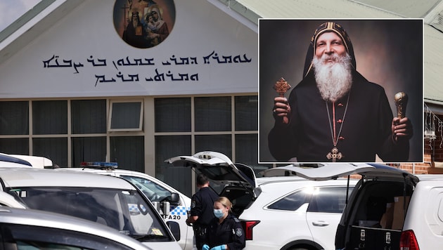 After the attack, there were chaotic scenes in front of the church, where a crowd of hundreds of angry people quickly gathered alongside emergency services and police officers. (Bild: AFP/cgsc.org.au)