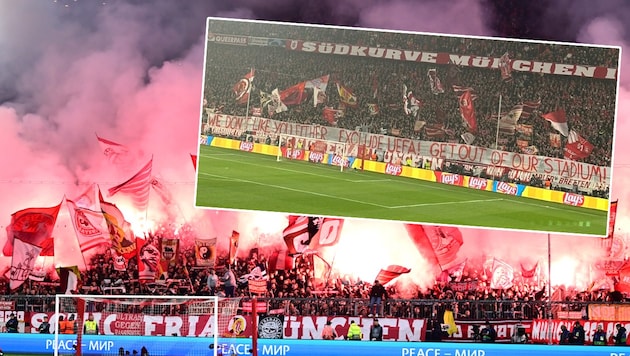 Erneut fielen Bayern-Fans mit einer Pyro-Show und einem Banner auf. Die nächste Strafe droht! (Bild: Associated Press, twitter.com/AwayDays_)